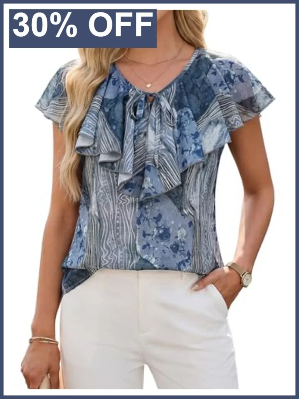 Womens Boho Flowy Flutter Sleeve Blouse Tie Neck Business Casual Top